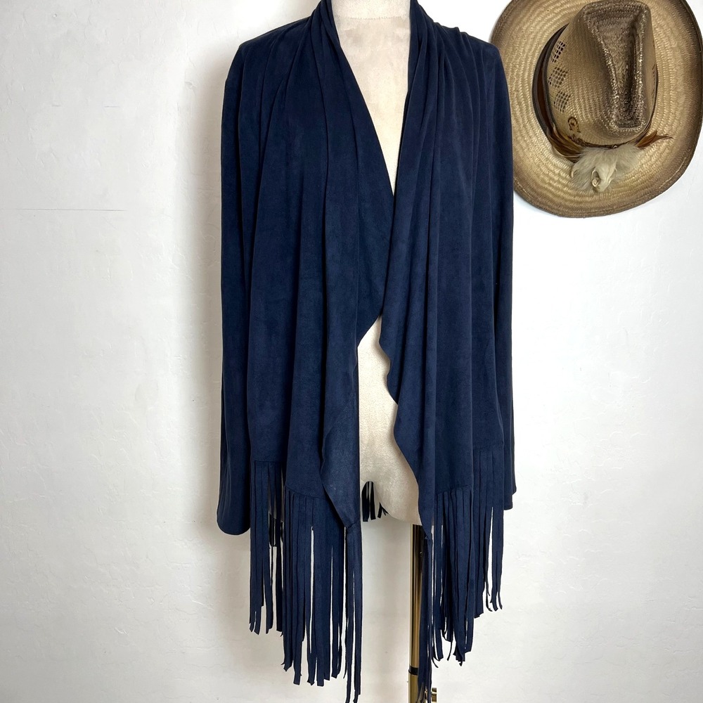 Julio Faux Suede Open Front Cardigan Womens 10 Navy Blue Fringe Draped Jacket